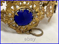 Antique Victorian Brass Filigree Glass Cabochon Jeweled Pendant hanging Lamp