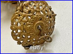 Antique Victorian Brass Filigree Glass Cabochon Jeweled Pendant hanging Lamp