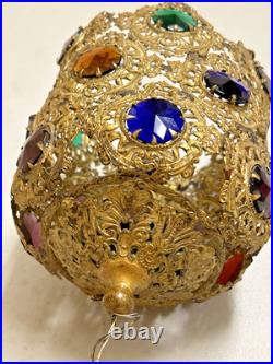 Antique Victorian Brass Filigree Glass Cabochon Jeweled Pendant hanging Lamp