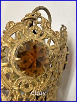 Antique Victorian Brass Filigree Glass Cabochon Jeweled Pendant hanging Lamp