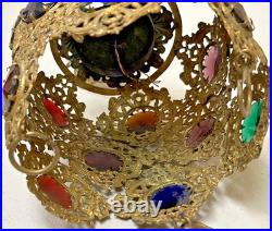 Antique Victorian Brass Filigree Glass Cabochon Jeweled Pendant hanging Lamp
