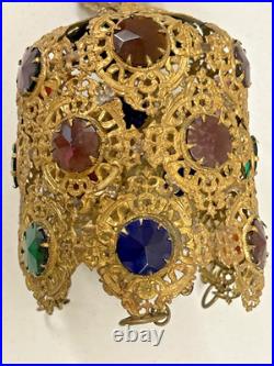 Antique Victorian Brass Filigree Glass Cabochon Jeweled Pendant hanging Lamp