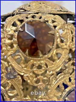 Antique Victorian Brass Filigree Glass Cabochon Jeweled Pendant hanging Lamp