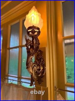 Antique Vintage Art Deco Brass Fire Glass Wall Sconces Nouveau Lamp Fixture