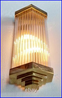 Antique Vintage Art Deco Brass & Glass Rod Ship Light Fixture Wall Sconces Lamp