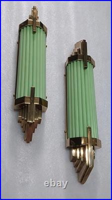 Antique Vintage Art Deco Brass & Green Glass Rod Ship Light Wall Sconces Lamp 1P