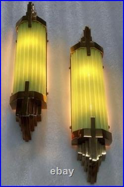 Antique Vintage Art Deco Brass & Green Glass Rod Ship Light Wall Sconces Lamp 1P