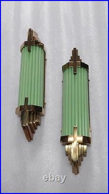 Antique Vintage Art Deco Brass & Green Glass Rod Ship Light Wall Sconces Lamp 1P Antique Vintage Art Deco Brass & Green Glass Rod Ship Light Wall Sconces Lamp 1P