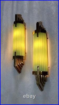 Antique Vintage Art Deco Brass & Green Glass Rod Ship Light Wall Sconces Lamp 1P