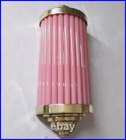 Antique Vintage Art Deco Brass & Pink Glass Rod Light Fixture Wall Sconces Lamp