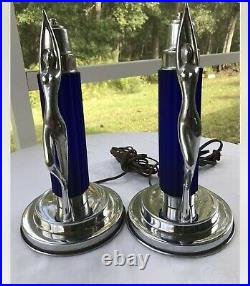 Antique Vintage Art Deco Chrome Nude Lady Lamp With Cobalt Glass Shade #2