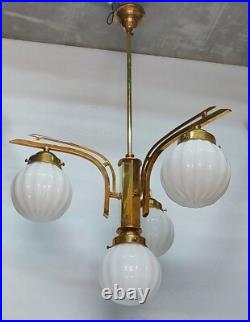 Antique Vintage Art Deco Fixture Ceiling Brass Hanging Light Milk Glass Lamp