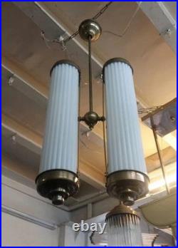 Antique Vintage Art Deco Fixture Ceiling Brass Hanging Light Milk Glass Lamp