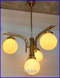 Antique Vintage Art Deco Fixture Ceiling Brass Hanging Light Milk Glass Lamp