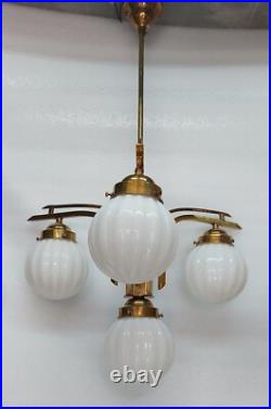 Antique Vintage Art Deco Fixture Ceiling Brass Hanging Light Milk Glass Lamp