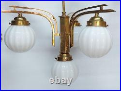 Antique Vintage Art Deco Fixture Ceiling Brass Hanging Light Milk Glass Lamp