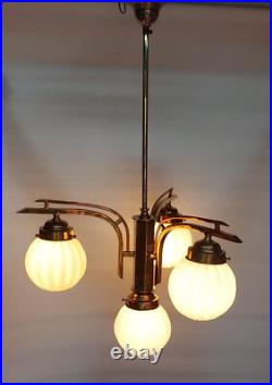 Antique Vintage Art Deco Fixture Ceiling Brass Hanging Light Milk Glass Lamp