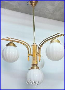 Antique Vintage Art Deco Fixture Ceiling Brass Hanging Light Milk Glass Lamp