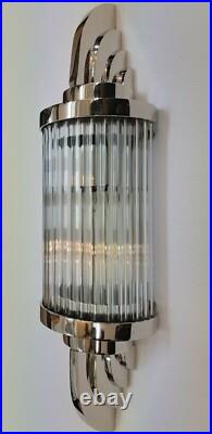 Antique Vintage Art Deco Nickel Brass & Glass Rod Ship Light Wall Sconces Lamp