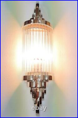 Antique Vintage Art Deco Nickel Brass & Glass Rod Ship Light Wall Sconces Lamp