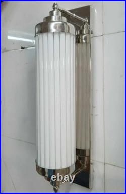 Antique Vintage Art Deco Nickel Brass & Milk Glass Rod Light Wall Sconces Lamp