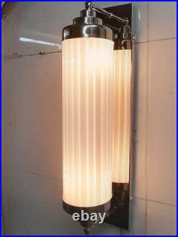 Antique Vintage Art Deco Nickel Brass & Milk Glass Rod Light Wall Sconces Lamp