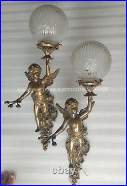 Antique Vintage Art Deco Nouveau Brass Cherub Wall Sconces Fixture Light Lamp