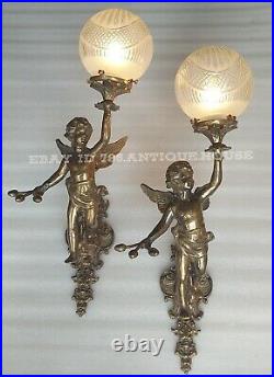 Antique Vintage Art Deco Nouveau Brass Cherub Wall Sconces Fixture Light Lamp