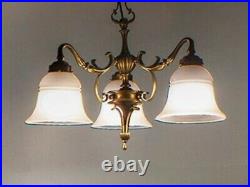 Antique Vintage Art Deco Nouveau Brass & Glass Ceiling Chandelier Light Lamp