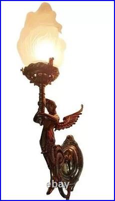 Antique Vintage Art Deco Nouveau Brass Mermaid Wall Sconce Lamp Fixture Light