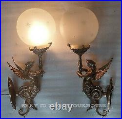 Antique Vintage Art Deco Nouveau Brass Mermaid Wall Sconces Fixture Light Lamp
