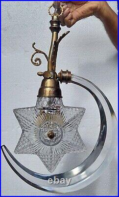 Antique Vintage Brass Star & Crescent Moon Hanging Light F & C Osler Glass Lamp