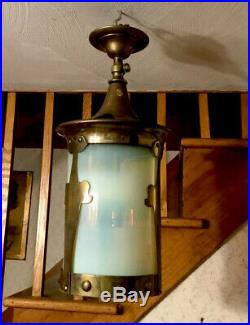 Antique Vintage Ceiling Lamp Hanging Pendant Brass Blue Glass Gothic Art Deco