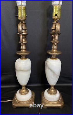 Antique Vintage Pair of Neoclassical Marble & Gilt Brass Urn Table Lamps 27.5H