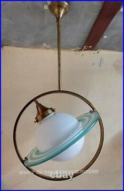 Antique Vintage Saturn Art Deco Fixture Ceiling Brass Hanging Light Milk Lamp