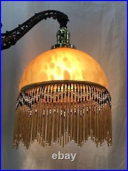 Antique Vtg Art Deco Boho Bridge Floor Lamp Bead Fringe Glass Shade Gold & Black