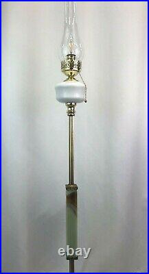 Antique Vtg Art Deco Floor Lamp Vaseline Glass GLOWS, Milk Glass Brass Hurricane