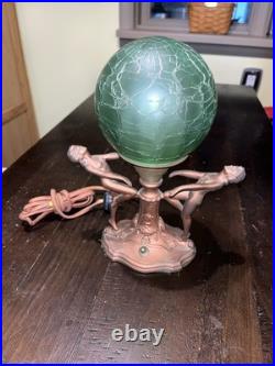 Antique Vtg Art Deco Frankart Ladies Crackle Green Globe Table Lamp