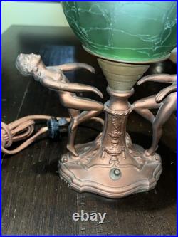 Antique Vtg Art Deco Frankart Ladies Crackle Green Globe Table Lamp