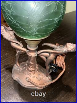 Antique Vtg Art Deco Frankart Ladies Crackle Green Globe Table Lamp