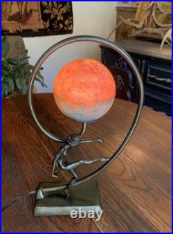 Antique Vtg Art Nouveau Art Deco Nude Lady Dancing Lamp With Glass Globe 14.5T