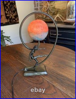 Antique Vtg Art Nouveau Art Deco Nude Lady Dancing Lamp With Glass Globe 14.5T