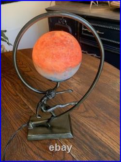 Antique Vtg Art Nouveau Art Deco Nude Lady Dancing Lamp With Glass Globe 14.5T