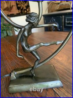 Antique Vtg Art Nouveau Art Deco Nude Lady Dancing Lamp With Glass Globe 14.5T