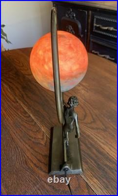 Antique Vtg Art Nouveau Art Deco Nude Lady Dancing Lamp With Glass Globe 14.5T
