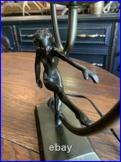 Antique Vtg Art Nouveau Art Deco Nude Lady Dancing Lamp With Glass Globe 14.5T