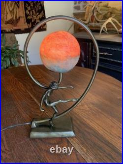 Antique Vtg Art Nouveau Art Deco Nude Lady Dancing Lamp With Glass Globe 14.5T