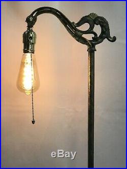 Antique Vtg Bridge Floor Lamp Cast Iron Arts & Crafts Deco Industrial Green Gold