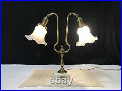 Antique Vtg Victorian Art Deco Brass Student Desk Table Lamp, Glass Tulip Shades
