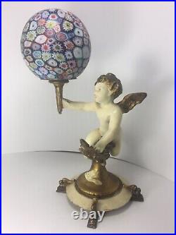 Antique Winged Cherub Lamp Art Deco Millefiori Glass Globe